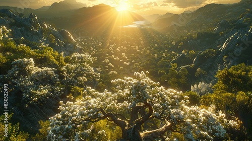   A lone tree in the dense woods stands tall as sunlight filters through the cloudy sky above  casting shadows on the picturesque mountain backdrop