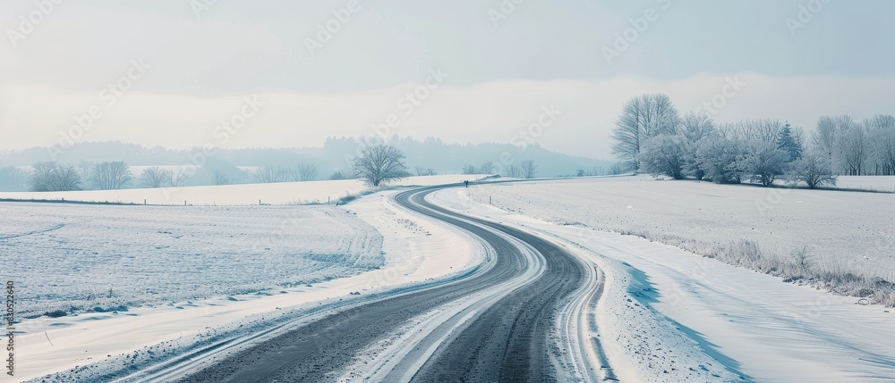 Empty winding road through snowy landscape. Empty winding road through snowy landscape.