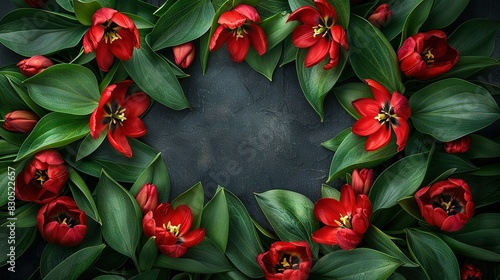   Red Tulip Wreath on Black Background with Text Placement © Nadia