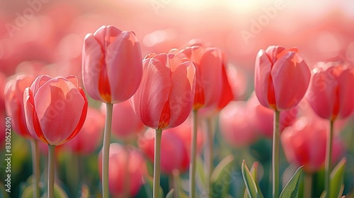  A pink tulip field with sunlight streaming through the flowers