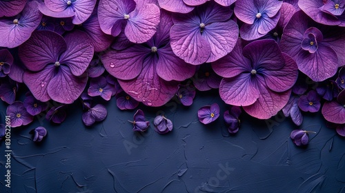   A field of purple flowers on a blue and purple background with water droplets on their petals