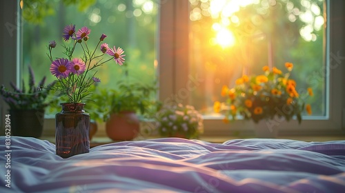   A vase of flowers on a bed, illuminated by sunlight streaming through the windowsill photo