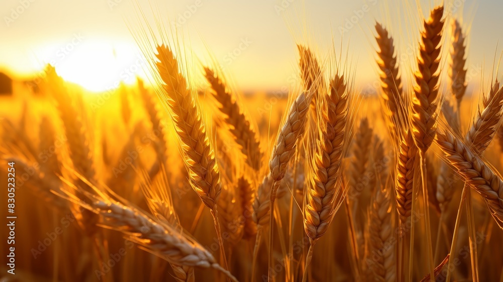 Golden wheat field bathed in the warm glow of the setting sun. Golden wheat field bathed in the warm glow of the setting sun.