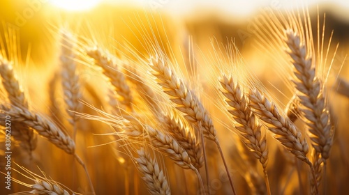 Golden wheat stalks sway gently in a field bathed in warm sunlight.