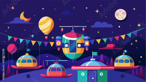 During a cultural festival on the lunar colony the air taxis were decorated with colorful lights and banners adding to the festive atmosphere of the event.. Vector illustration