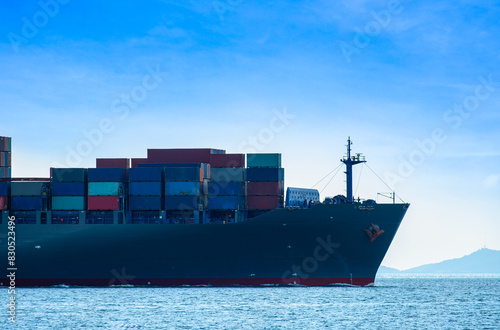 Large ships transport cargo and carry large amounts of containers. Sea shipping by cargo ship. Concept. International. Export-import business, logistics, transportation industry