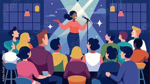 The small but passionate audience at the open mic night cheered on their neighbors creating a supportive and uplifting space where everyone felt comfortable to express themselves.. Vector illustration
