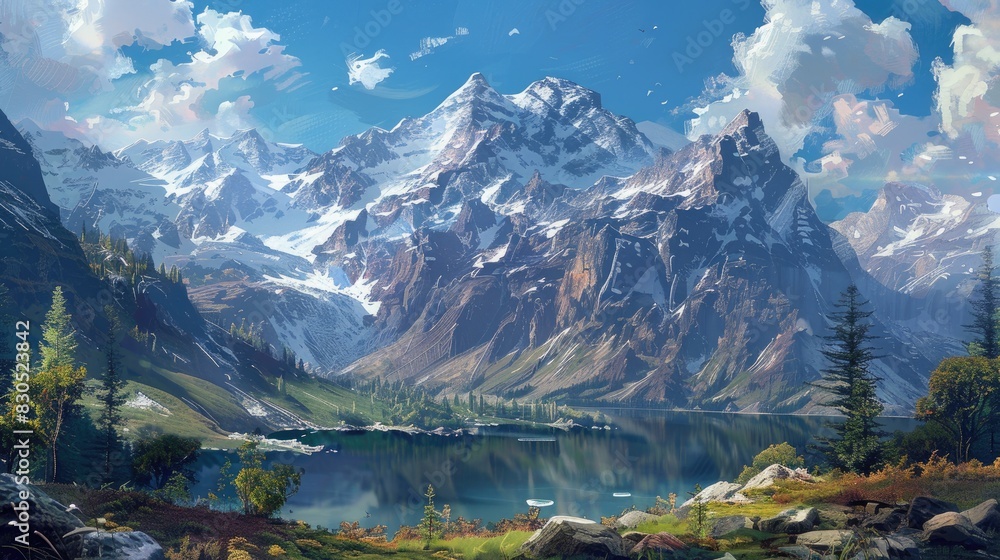 Snow capped peaks overlooking a valley lake