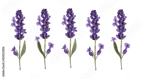   A field of various purple flowers at different stages of bloom against a white backdrop