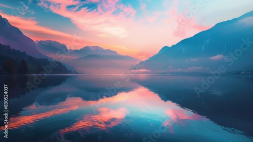 Serene mountain lake reflecting a vibrant, colorful sky at sunrise.