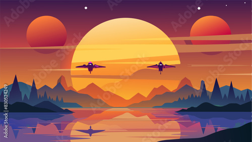 The sun sets behind the horizon as a group of eVTOLs perform precision landings on a calm reflective lake.. Vector illustration