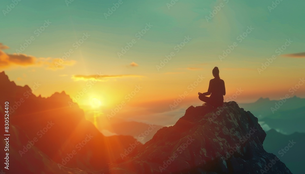 Silhouette of a person meditating on a mountain top at sunrise. Silhouette of a person meditating on a mountain top at sunrise.