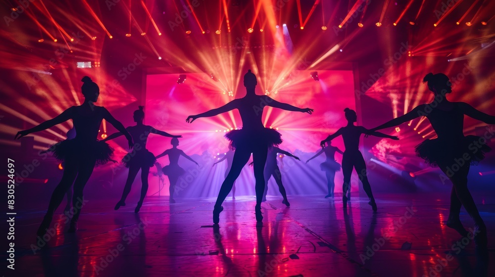 Ballet performance with dancers gracefully moving against a backdrop of purple and red lights, shadows cast dramatically Ballet performance with dancers gracefully moving against a backdrop of purple and red lights, shadows cast dramatically