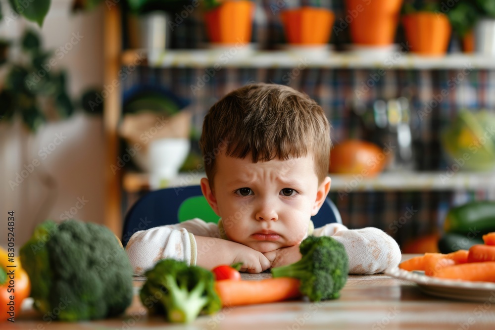 Eat Vegetables. Unhappy baby boy refusing to eat broccoli and carrot at breakfast table Eat Vegetables. Unhappy baby boy refusing to eat broccoli and carrot at breakfast table