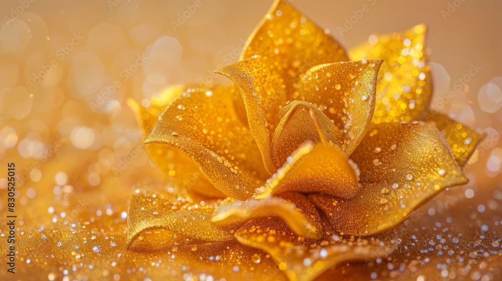 A close-up of a golden flower with dewdrops on its petals against a golden backdrop, featuring bokeh of light and tiny bubbles A close-up of a golden flower with dewdrops on its petals against a golden backdrop, featuring bokeh of light and tiny bubbles