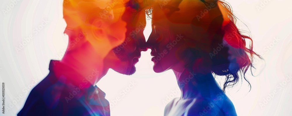 Silhouettes of a couple in colorful light, facing each other. Silhouettes of a couple in colorful light, facing each other.