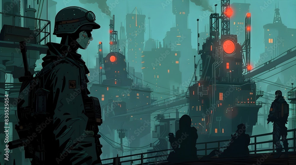 Fototapeta premium Futuristic Dystopian Cityscape with Towering Structures and Atmospheric Lighting