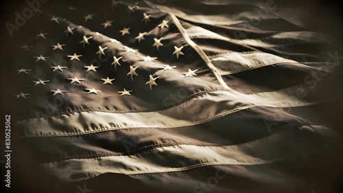 American flag, vintage look, muted colors, sepia tone, antique photo style, tattered edges