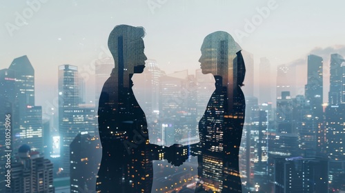 Silhouettes of two businesspeople shaking hands against a cityscape background. photo