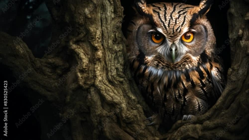 A majestic great horned owl perched alertly on a tree branch A majestic great horned owl perched alertly on a tree branch