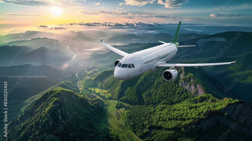 Fototapeta premium An advanced airplane featuring eco-conscious technology flying over a landscape of green meadows, cloudless sky, emphasizing sustainability in aviation