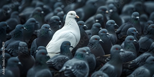 Solitary White Pigeon Amidst a Flock of Grey Ones Each Looking in a Different Direction Highlighting Individuality and Varied Perspectives