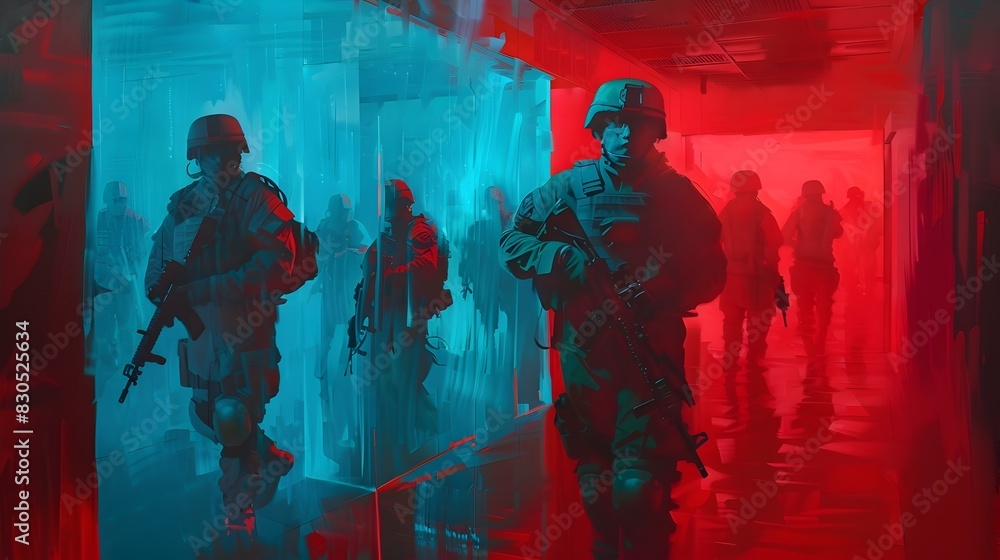 Special Forces Assault Team Advancing in Dark Urban Corridor During Covert Military Special Forces Assault Team Advancing in Dark Urban Corridor During Covert Military