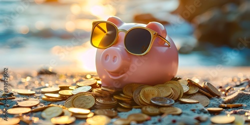 Carefree Piggy Bank Enjoying Financial Freedom and Leisure on the Beach