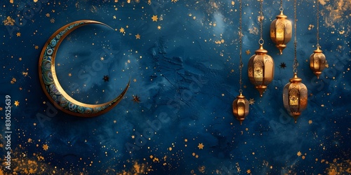 Luxurious Ramadan with Crescent Moon and Sparkling Lanterns