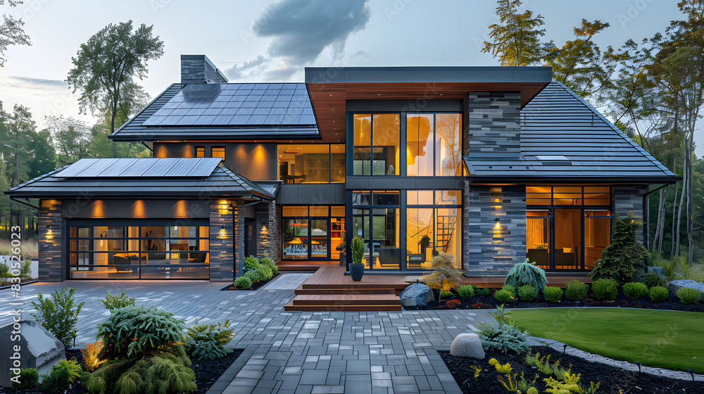 New suburban house with a photovoltaic system on the roof. Modern eco friendly passive house with landscaped yard. Solar panels on the gable roof New suburban house with a photovoltaic system on the roof. Modern eco friendly passive house with landscaped yard. Solar panels on the gable roof