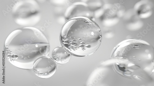  Group of bubbles hovering above a gray-white backdrop, bottoms touching, each bearing a solitary drop of water