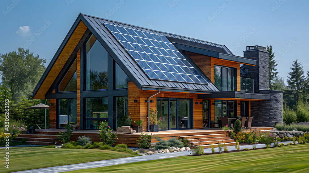 New suburban house with a photovoltaic system on the roof. Modern eco friendly passive house with landscaped yard. Solar panels on the gable roof New suburban house with a photovoltaic system on the roof. Modern eco friendly passive house with landscaped yard. Solar panels on the gable roof