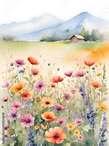 Meadow Flower Field Landscape Watercolor Art