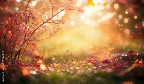 autumn leaves in the forest, a tree in the forest with the sun