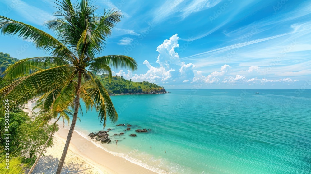 Fototapeta premium Panoramic beach scene with coconut palms and turquoise waters under a clear blue sky, perfect for vacation and relaxation themes.