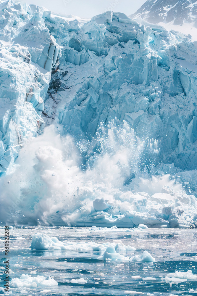Obraz premium Massive iceberg calving event, with chunks of ice breaking off into ocean waters.
