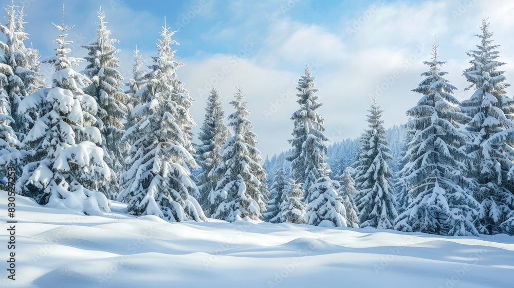 Snow covered woodland scenery with space for text Snow clad ground in a forest of snow capped fir trees in a natural setting Snow covered woodland scenery with space for text Snow clad ground in a forest of snow capped fir trees in a natural setting