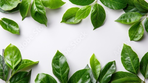  A collection of green leaves arranged atop a white background Ample room exists for text inscription above and below the image, while the underside of the foliage remains verdant photo