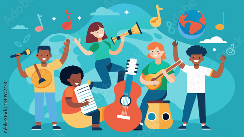 At the music corner students can try out instruments from different parts of the world under the guidance of music club members.. Vector illustration