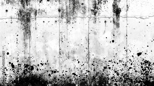  A black-and-white image features a concrete wall splattered with black and white paint Two distinct black spots are present, one at the image's center and the other in the middle