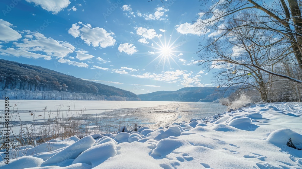 Sunny winter day overlooking a frozen snowy lake Sunny winter day overlooking a frozen snowy lake