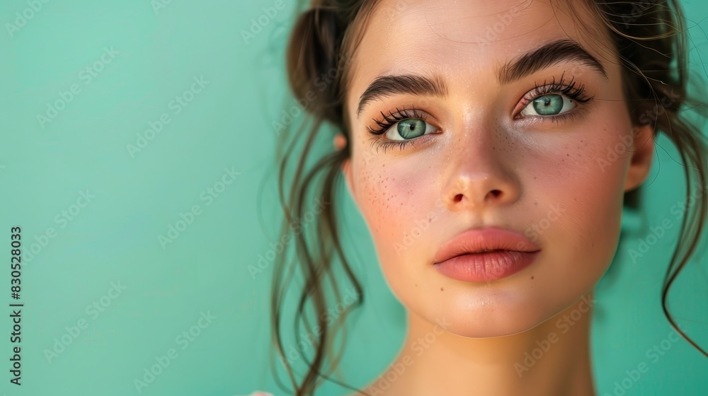A close-up portrait of a brunette model with flawless skin and a warm smile A close-up portrait of a brunette model with flawless skin and a warm smile
