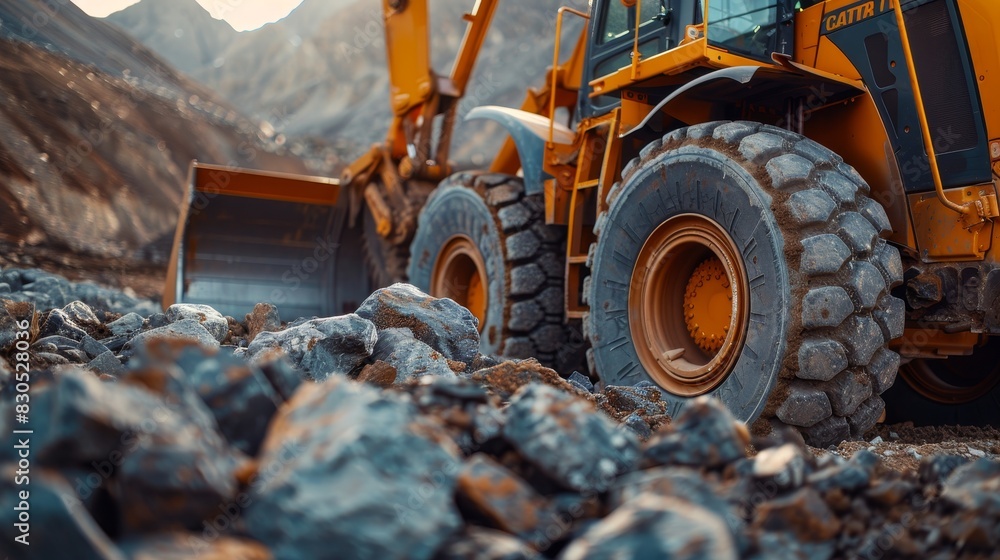 Bulldozer with a massive bucket pushing a pile of rocks, rugged terrain, construction equipment detail