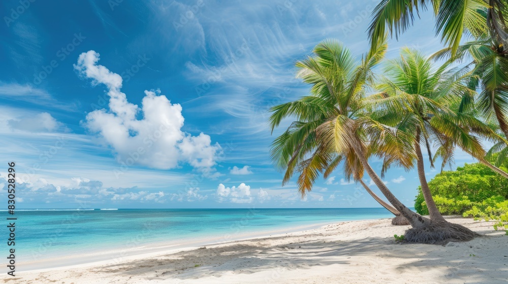 Fototapeta premium Panoramic beach scene with coconut palms and turquoise waters under a clear blue sky, perfect for vacation and relaxation themes.