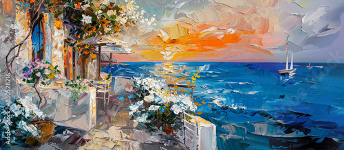 Painting of beach coffee shop near blue sea with flowers. Summer landscape. Vacation in Italy.