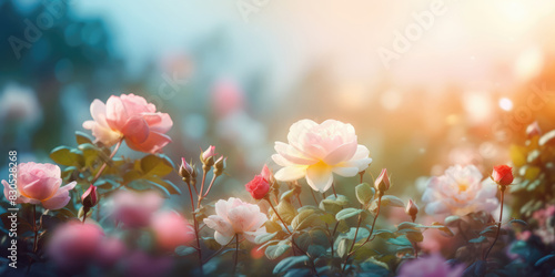 Rose flowers in the garden in morning light. Pink Roses. Beautiful floral background for greeting card for Birthday, Mother's day, Women's day, Wedding