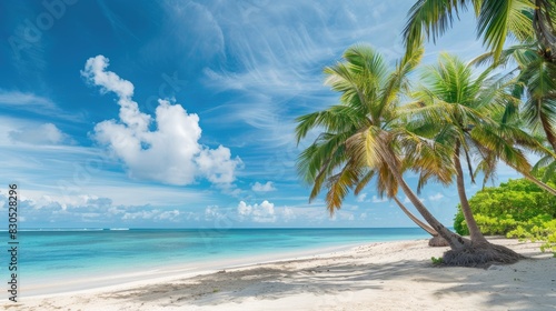 Panoramic beach scene with coconut palms and turquoise waters under a clear blue sky  perfect for vacation and relaxation themes.