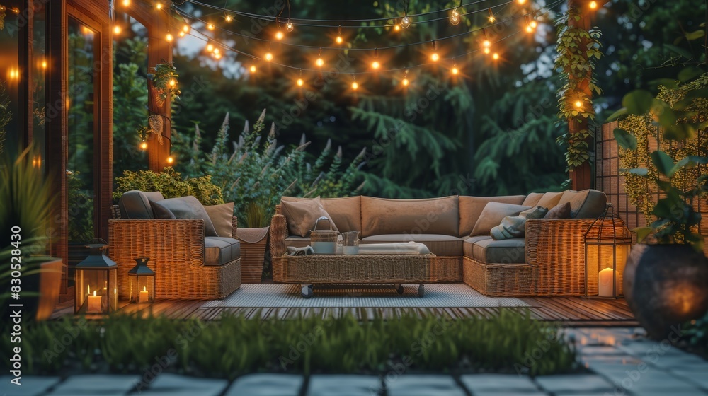 Cozy Backyard Patio with String Lights. Garden Outdoor Relaxation. Inviting patio with comfortable furniture, string light, and lush greenery, creating a relaxing ambiance for outdoor. Generative AI.