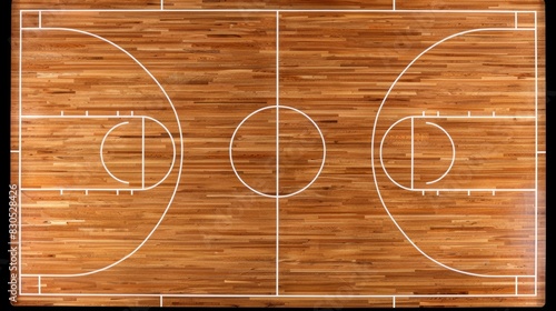 A single basketball court occupies the center, with a basketball placed in the middle