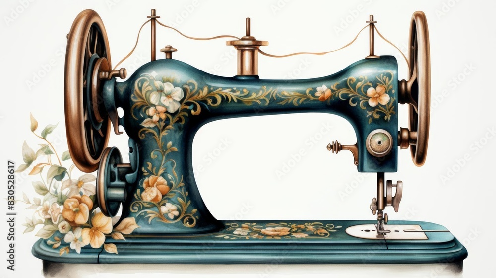 An illustration of a vintage sewing machine with a floral pattern. The machine is blue with gold accents and has a large wheel on the right side.